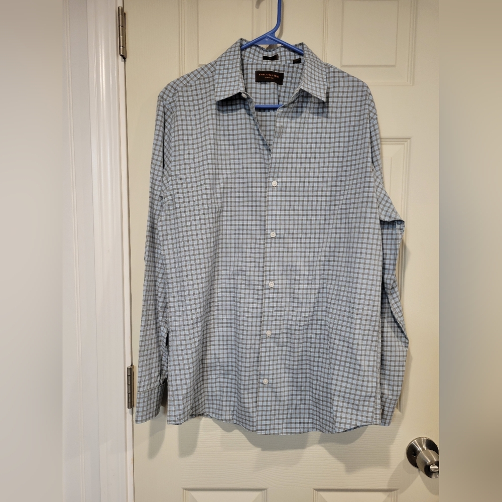 Fairlane & Sons Slim Fit Shirt - 100% Cotton Wrinkle Free  Blue/Gray Check Large